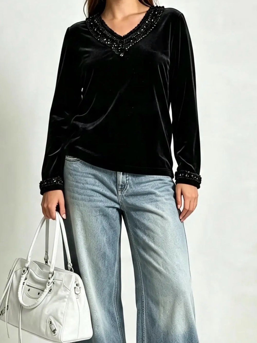 Black Velvet top shirt. V-neck with sequin detailing. Small TAN JAY